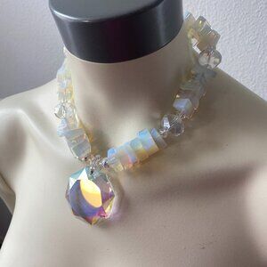 White Quartz  Beaded Necklace  with Hexagram Point Pendant 17" inches